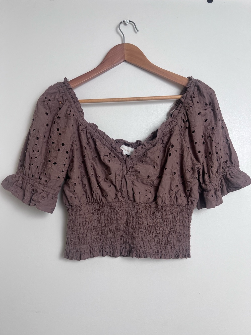 Jennifer & Grace Brown Eyelet Smocked Puff Sleeve Cottagecore Crop Top S